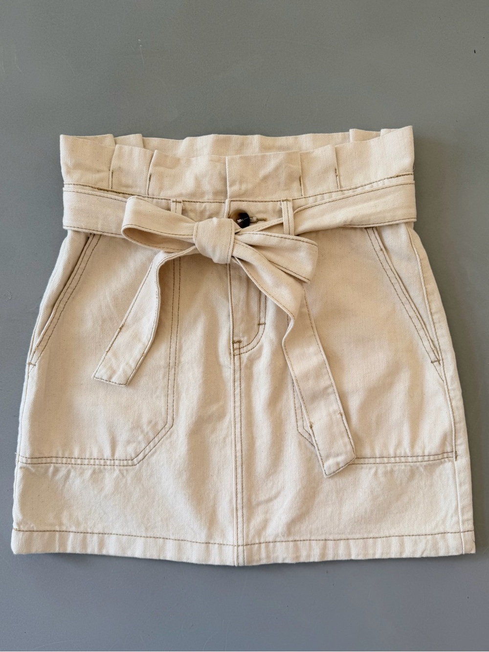 Paperbag Waist Tie-Front Denim Mini Skirt in Cream